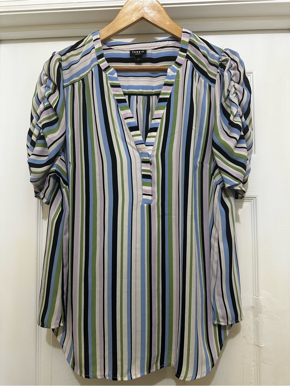 torrid Striped Split V-Neck Blouse in Blue, Green & Black